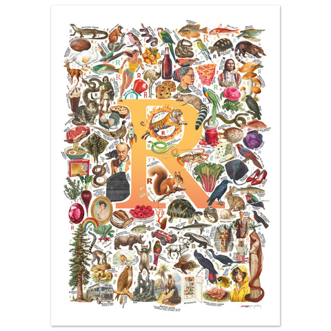 "R is for Remarkable" — a Renard Roux alphabet poster with English R words (yellow version)