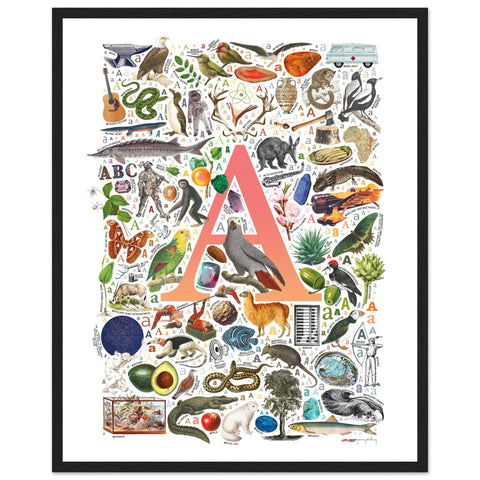 "A is for Adventure" — a Renard Roux alphabet poster with English A words (red version)
