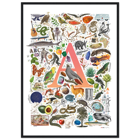 "A is for Adventure" — a Renard Roux alphabet poster with English A words (red version)
