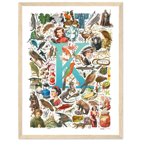 "K is for Keen" — a Renard Roux alphabet poster with English K words (turquoise version)