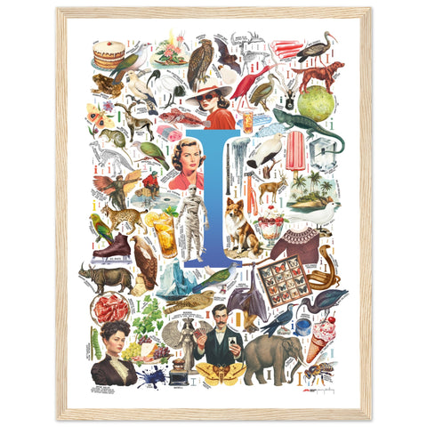 "I is for Imagination" — a Renard Roux alphabet poster with English I words (blue version)