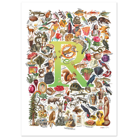 "R is for Remarkable" — a Renard Roux alphabet poster with English R words (chartreuse version)
