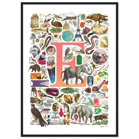 "E is for Explore" — a Renard Roux alphabet poster with English E words (red version)