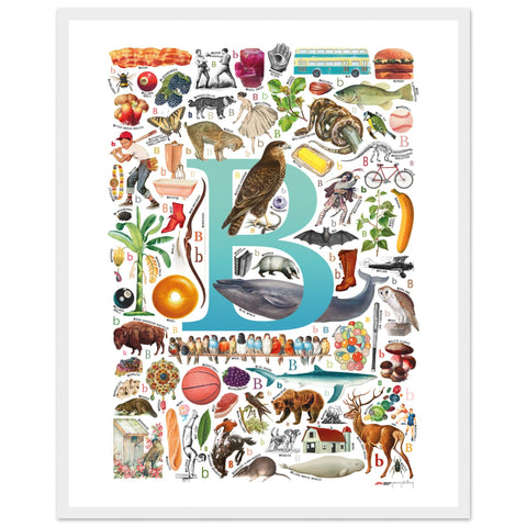 "B is for Brave" — a Renard Roux alphabet poster with English B words (turquoise version)