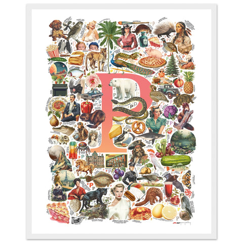 "P is for Pioneer" — a Renard Roux alphabet poster with English P words (red version)