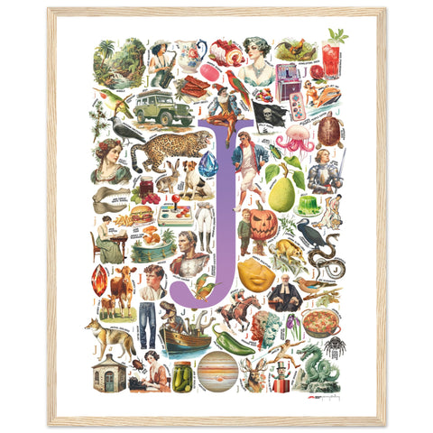 "J is for Journey" — a Renard Roux alphabet poster with English J words (purple version)