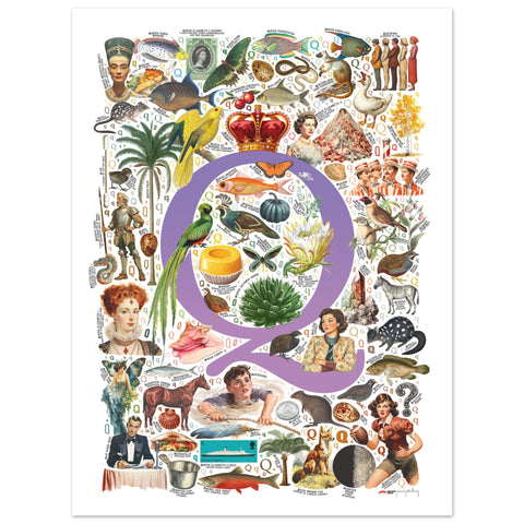"Q is for Quest" — a Renard Roux alphabet poster with English Q words (purple version)