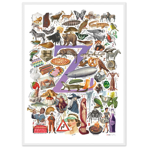 "Z is for Zenith" — a Renard Roux alphabet poster with English Z words (purple version)