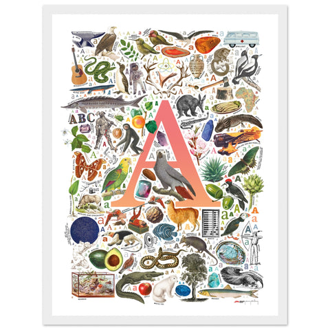 "A is for Adventure" — a Renard Roux alphabet poster with English A words (red version)