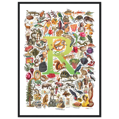"R is for Remarkable" — a Renard Roux alphabet poster with English R words (chartreuse version)