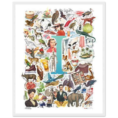 "I is for Imagination" — a Renard Roux alphabet poster with English I words (turquoise version)