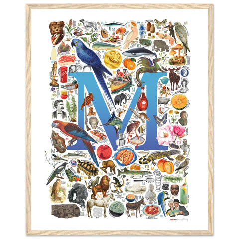 "M is for Magical" — a Renard Roux alphabet poster with English M words (blue version)
