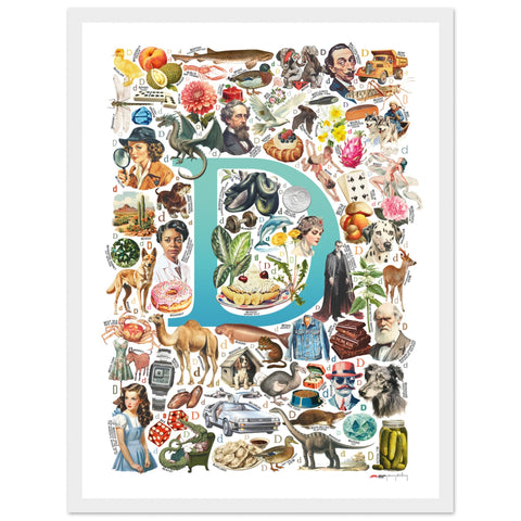 "D is for Discovery" — a Renard Roux alphabet poster with English D words (turquoise version)