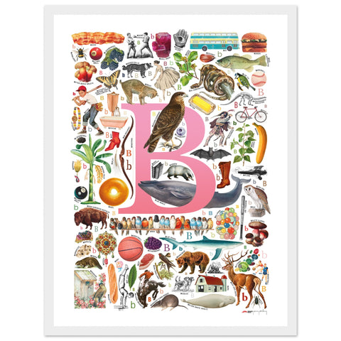 "B is for Brave" — a Renard Roux alphabet poster with English B words (pink version)