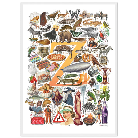 "Z is for Zenith" — a Renard Roux alphabet poster with English Z words (yellow version)