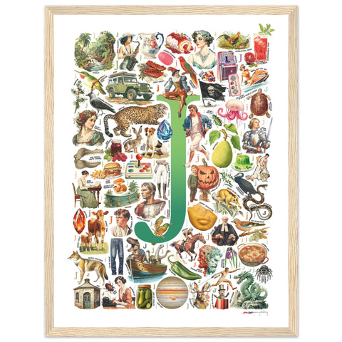 "J is for Journey" — a Renard Roux alphabet poster with English J words (green version)