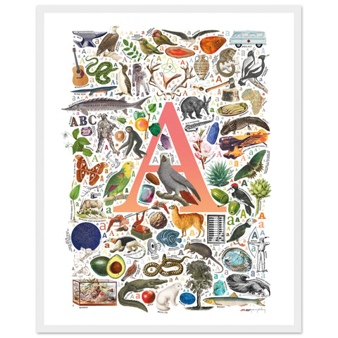 "A is for Adventure" — a Renard Roux alphabet poster with English A words (red version)