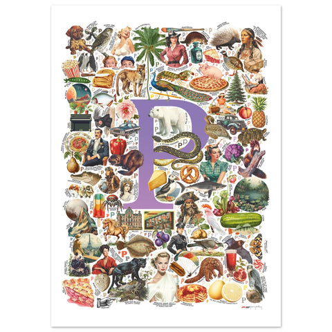 "P is for Pioneer" — a Renard Roux alphabet poster with English P words (purple version)