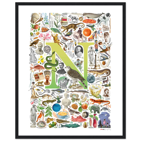 "N is for Nature" — a Renard Roux alphabet poster with English N words (chartreuse version)