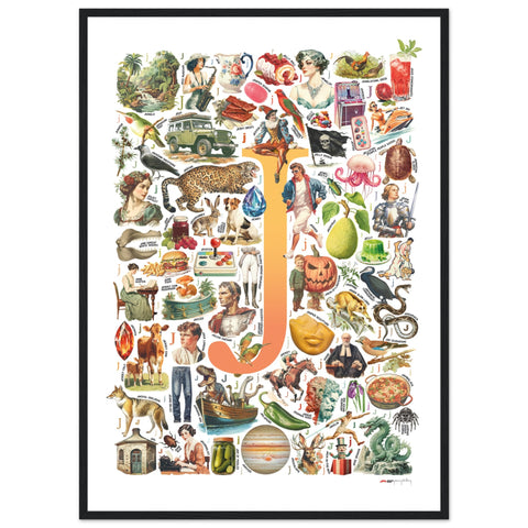 "J is for Journey" — a Renard Roux alphabet poster with English J words (yellow version)