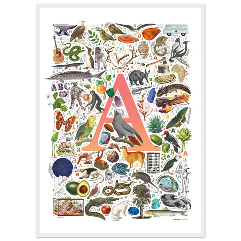 "A is for Adventure" — a Renard Roux alphabet poster with English A words (red version)