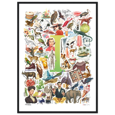 "I is for Imagination" — a Renard Roux alphabet poster with English I words (chartreuse version)