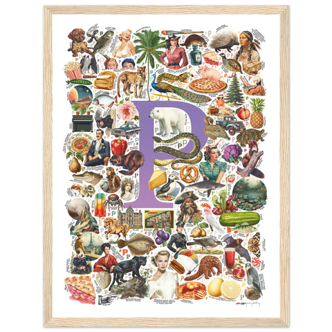 "P is for Pioneer" — a Renard Roux alphabet poster with English P words (purple version)