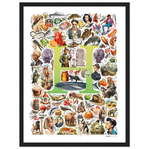 "H is for Heroes" — a Renard Roux alphabet poster with English H words (chartreuse version)