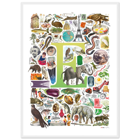 "E is for Explore" — a Renard Roux alphabet poster with English E words (chartreuse version)