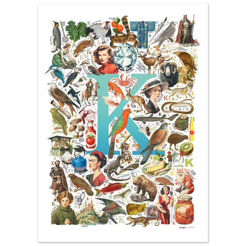 "K is for Keen" — a Renard Roux alphabet poster with English K words (turquoise version)