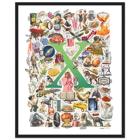 "X is for Xanadu" — a Renard Roux alphabet poster with English X words (green version)