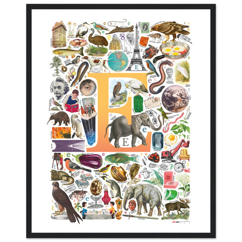 "E is for Explore" — a Renard Roux alphabet poster with English E words (yellow version)