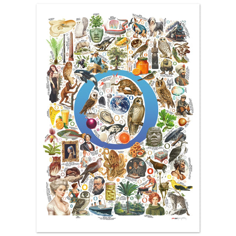 "O is for Original" — a Renard Roux alphabet poster with English O words (blue version)