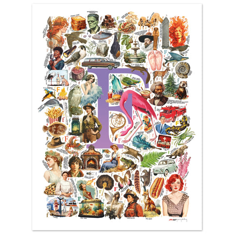 "F is for Festive" — a Renard Roux alphabet poster with English F words (purple version)