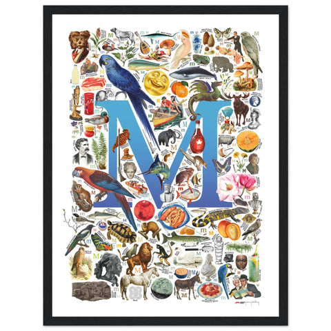 "M is for Magical" — a Renard Roux alphabet poster with English M words (blue version)