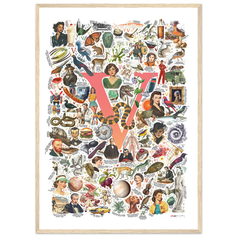 "V is for Voyage" — a Renard Roux alphabet poster with English V words (red version)