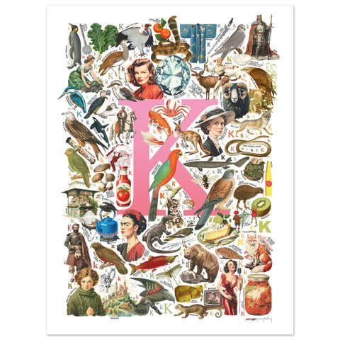 "K is for Keen" — a Renard Roux alphabet poster with English K words (pink version)