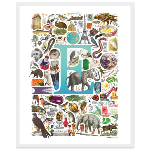 "E is for Explore" — a Renard Roux alphabet poster with English E words (turquoise version)