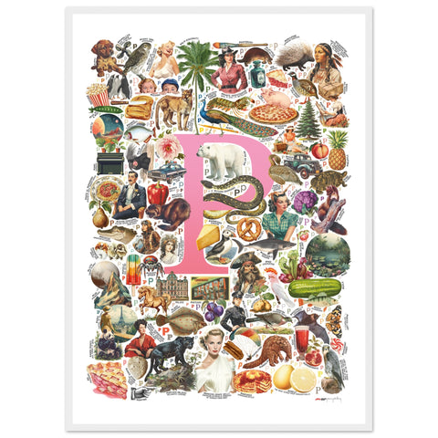 "P is for Pioneer" — a Renard Roux alphabet poster with English P words (pink version)