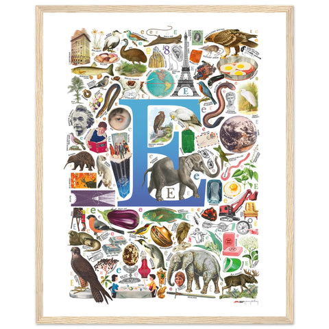 "E is for Explore" — a Renard Roux alphabet poster with English E words (blue version)