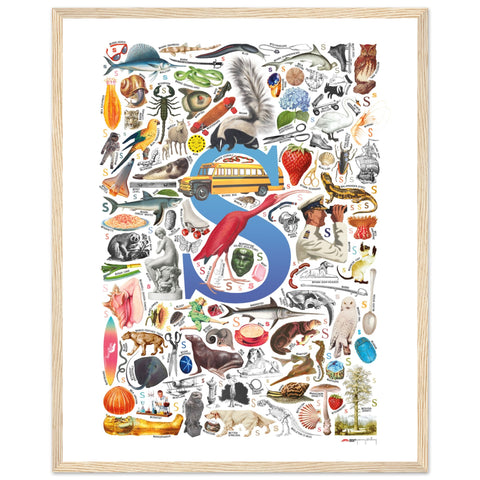 "S is for Surprise" — a Renard Roux alphabet poster with English S words (blue version)