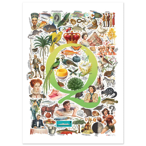 "Q is for Quest" — a Renard Roux alphabet poster with English Q words (chartreuse version)