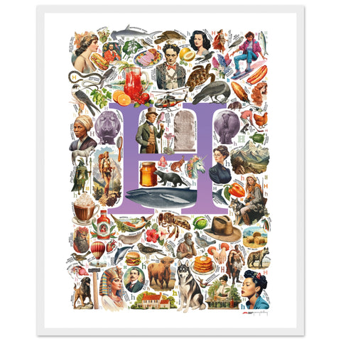 "H is for Heroes" — a Renard Roux alphabet poster with English H words (purple version)