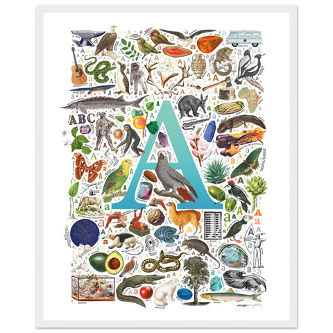 "A is for Adventure" — a Renard Roux alphabet poster with English A words (turquoise version)