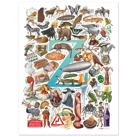 "Z is for Zenith" — a Renard Roux alphabet poster with English Z words (turquoise version)