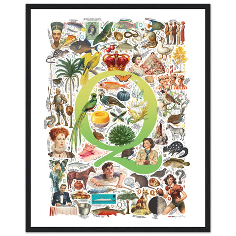 "Q is for Quest" — a Renard Roux alphabet poster with English Q words (chartreuse version)