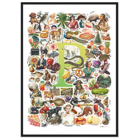 "P is for Pioneer" — a Renard Roux alphabet poster with English P words (chartreuse version)