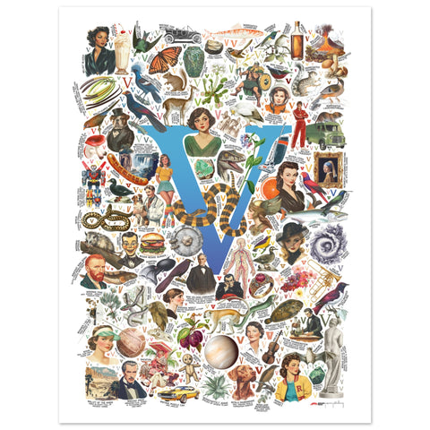 "V is for Voyage" — a Renard Roux alphabet poster with English V words (blue version)