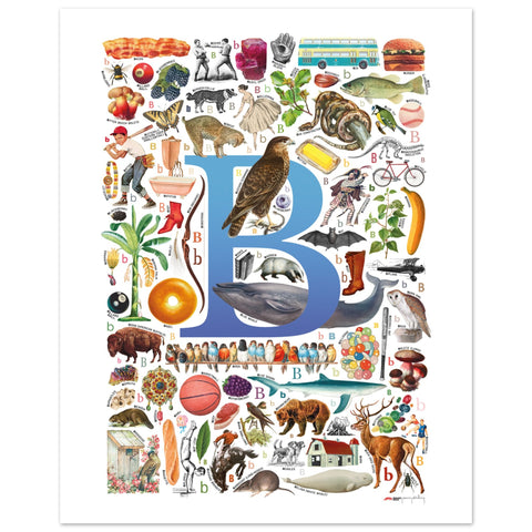 "B is for Brave" — a Renard Roux alphabet poster with English B words (blue version)