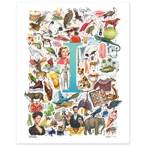 "I is for Imagination" — a Renard Roux alphabet poster with English I words (turquoise version)
